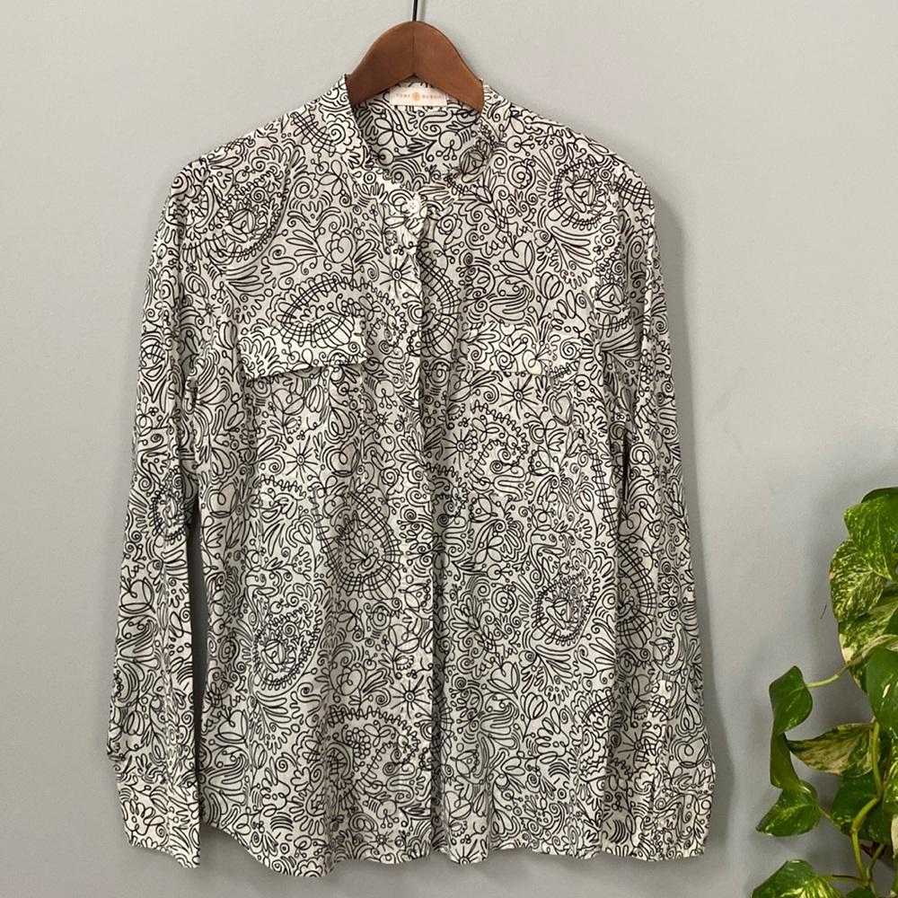 Tory Burch long sleeve doodle button down shirt.